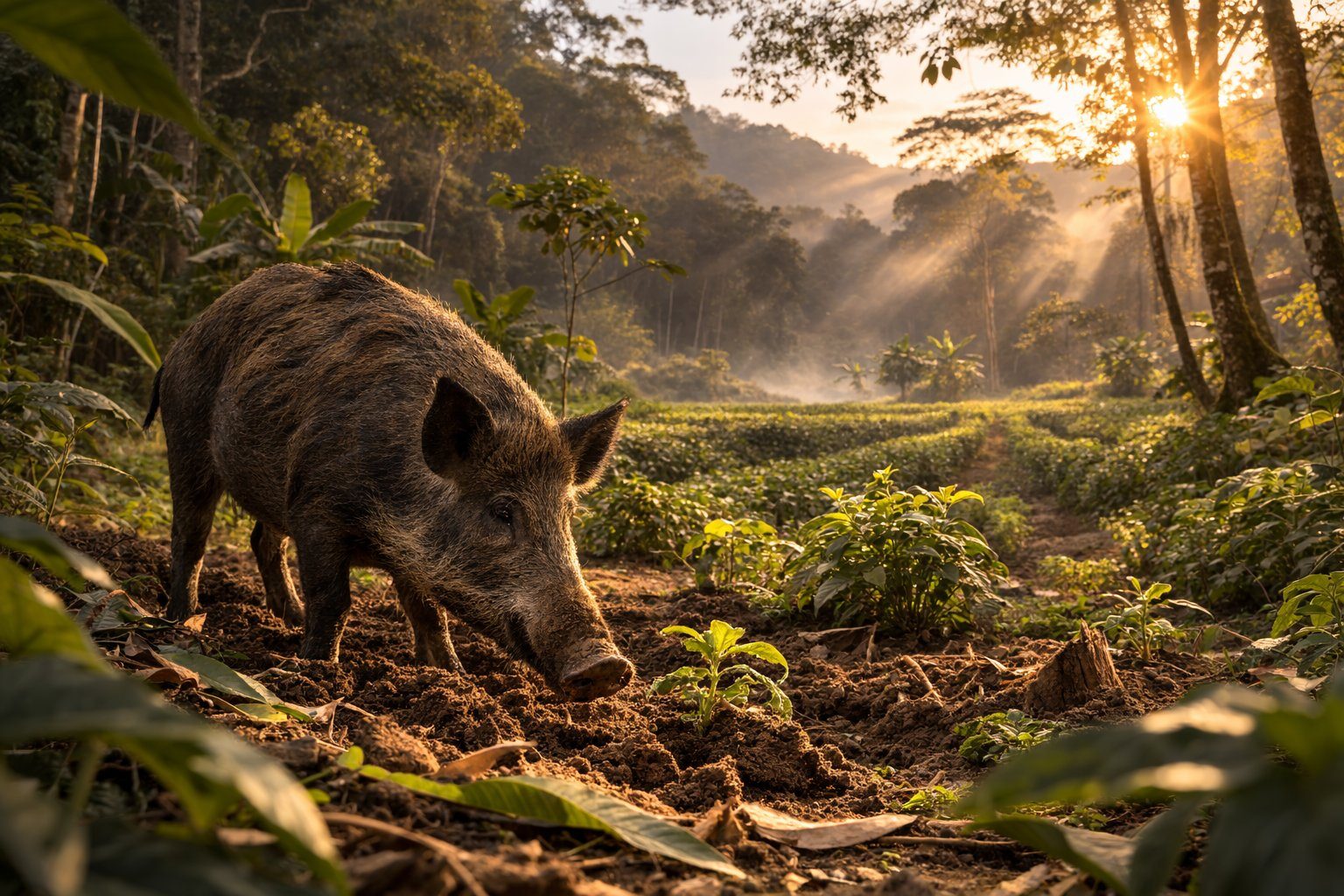 Wild boar raiding a crop field at the jungle edge