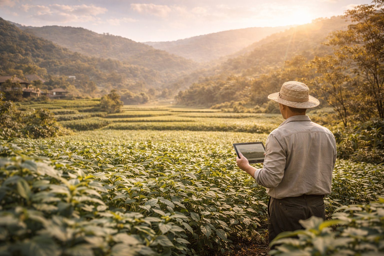 Farmer overlooking a protected valley of crops at sunrise